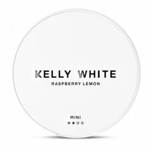 Kelly White Raspberry Lemon 10mg nicotine pouch can with pink and yellow citrus graphics