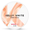 Kelly White Sweet Peach 8mg mini nicotine pouch can with peach orange and gold design