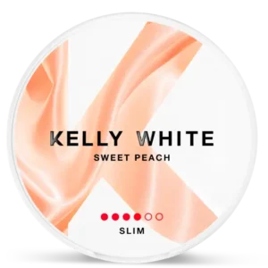 Kelly White Sweet Peach 8mg mini nicotine pouch can with peach orange and gold design