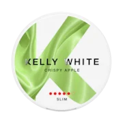 Kelly White Crispy Apple 10mg nicotine pouch can showing green apple artwork on white background
