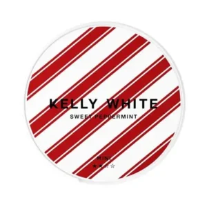 Kelly White Sweet Peppermint 10mg nicotine pouch can with cyan mint graphics