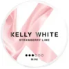 Kelly White Strawberry Lime 5mg mini nicotine pouch can with pink and lime graphics