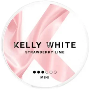 Kelly White Strawberry Lime 5mg mini nicotine pouch can with pink and lime graphics